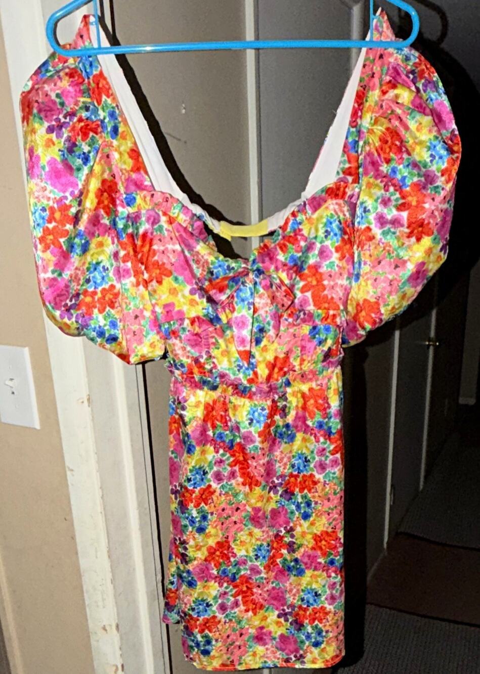 For Love & Lemons Women’s S Multicolor Floral V-Neck Puff Sleeve Mini Dress